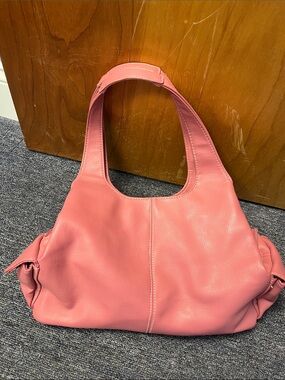 Y2K Coral Pink Leather Shoulder Bag w cosmetic pouch